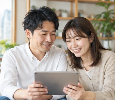 タブレットを見るカップル