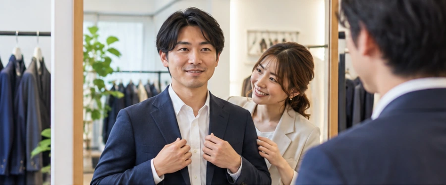 女性スタイリストと服装を相談する男性