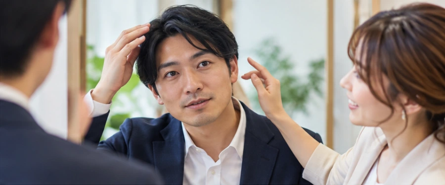 女性スタイリストに髪型を整えてもらう男性